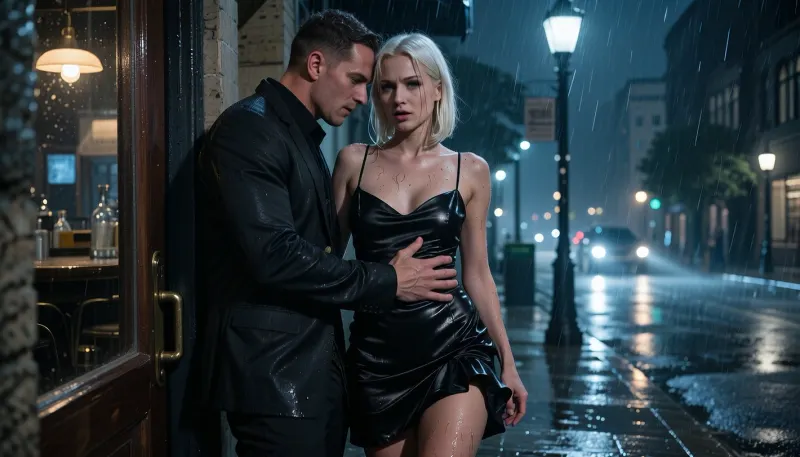 Full Body Side View, Raw Photo, 8k UHD, Cinematic Finale. The husband leading his wife out of the bar and into the rainy night, his arm wrapped protectively and possessively around her.

The Couple, TULSA77214 is leaning heavily into him, her 5'10" frame slightly trembling from exhaustion. She is the image of the "satisfied whore"—her platinum-white bob damp, her high-sheen black satin dress ruined and stained with the evidence of their passion, the ruffles of her skirt swaying as she walks. Her hazel eyes are filled with an unconditional love for the man who just destroyed her. The husband looks like a predator who has finally found peace, his gaze fixed on her with a mix of hunger and protective worship.

The Environment, The rainy city street at night. The cold, blue-grey rain contrasts with the warmth of their embrace. The streetlights reflect in the puddles and the liquid sheen of her black dress, creating a cinematic, noir atmosphere.

Lighting, High-contrast "city night" lighting. The glow of a nearby streetlamp creates a halo around the couple, separating them from the dark, urban backdrop.

Technical, score_9, score_8_up, masterpiece, 8k photorealistic, f/2.8. Hyper-realistic rain droplets on the satin fabric and her skin. Raw unfiltered render, capturing the perfect duality of their relationship, the tenderness of a husband and the raw hunger of a lover.