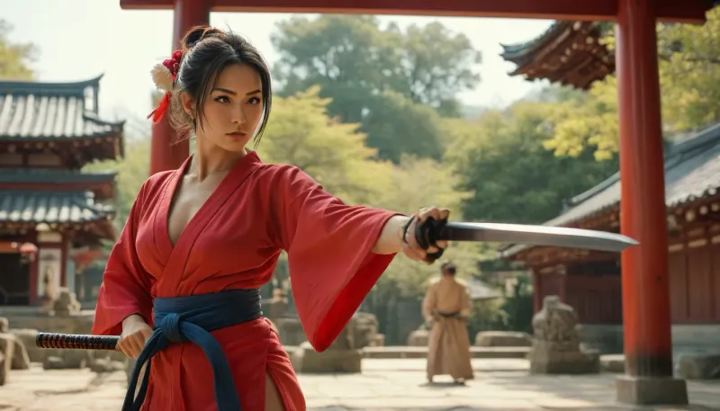 (cleavage), (toned legs), Street Fighter, high noon outside a shinto temple in ancient japan, beautiful woman warrior square off in katana fight, preparing to battle, open kimonos, (((cleavage))), (large natural breasts), Chun, <lora:MJ52:.9>, <lora:Chun-Li-SDXL:.4>