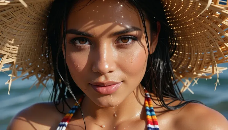 Top image edge slightly cuts into the rough straw hat, bottom image edge ends exactly at mid-thigh, full head, face, neck, shoulders, chest, waist, narrow hips, bikini bottom and upper thighs clearly visible, subject stands farther back within a vertical frame, not a close-up, absolute maximum photorealism, a Thai woman, 32 years old, naughty and self confident, exposes her small muscular bubble butt, unmistakably Southeast Asian and naturally Thai in appearance, petite and delicately built, slender torso, narrow waist and hips, slim bronze thighs, small natural thigh gap, topless, beautiful natural bust size with realistic weight and detailed long dark nipples, deep golden brown Thai beach tan, sun-darkened bronze skin with warm caramel, copper and olive undertones, visibly darker than pale, fashion model skin, wet glistening skin as if just out of the ocean, tiny water droplets and thin streams following real body contours, dark brown almost black eyes with deep espresso irises, not hazel or light brown, almond-shaped and slightly narrower, subtle epicanthic folds, soft upper eyelids, natural lashes, calm confident gaze, smooth flatter nose bridge, refined natural tip, medium natural lips with soft rose brown tone, subtle dimples, gentle cheekbones, lifelike asymmetry, rough handmade straw hat, rustic, frayed, uneven, with broken fibers, casting dramatic scattered dappled shadows across face and body, wet dark black hair clinging to temples, cheeks, and shoulders, separated damp strands, dripping ends, vivid striped bikini fully wet, fabric darker where soaked, glossy highlights, cling to the body, flat slender abdomen with tiny droplets, detailed navel, hips and upper thighs fully included, radiating intense playful seduction and unmistakable flirtatious confidence, every element of her posture deliberately teasing and inviting, her body subtly angled toward the viewer while her hips shift into a graceful asymmetrical stance, one knee slightly bent and one leg placed just forward enough to create an elegant sensual line through her waist, hips and thighs, shoulders relaxed, chest naturally open, spine gently arched without exaggeration, presenting her pussy with complete self-assurance, her head tilted slightly to one side, chin subtly lowered while her eyes look upward through her lashes, provocative gaze, maintaining confident eye contact as if deliberately testing the viewer’s reaction, eyelids slightly lowered, eyebrows softly raised, a restrained mischievous expression in her eyes, lips softly parted with the faintest asymmetric teasing smile, the corners of her mouth suggesting that she knows exactly what effect she is having, one hand moving lightly through her hair or resting near her neck, one hand rests inside bikini bottom, creamy blurred tropical beach background, crystalline focus only on her, warm sunlight, turquoise bounce light, 85 millimeter lens look, f/1.8 shallow depth, ultra high resolution