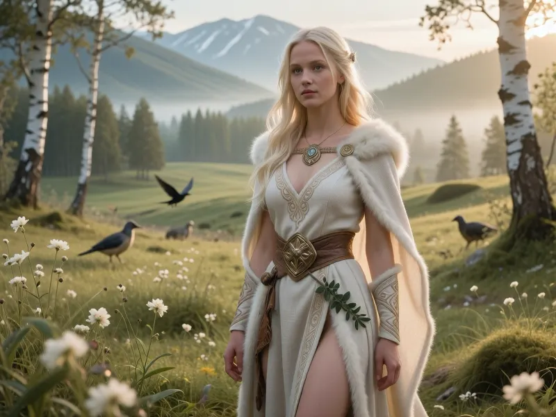 A cinematic, mythologically grounded genderbent depiction of Baldr from Norse mythology as an unmistakably female Norse goddess of light, beauty, purity, peace, and divine grace. She stands in a serene Nordic landscape during the soft golden light of early morning, surrounded by pale wildflowers, silver birch, green meadows, and distant mist-covered mountains. The atmosphere feels sacred, calm, luminous, and almost untouched by violence.

She is a breathtakingly beautiful young woman with a graceful athletic build, fair Nordic skin, long pale golden-blonde hair, clear light-colored eyes, and a serene compassionate expression. Her beauty should feel divine and radiant rather than glamorous or seductive, as though natural light itself gathers around her.

She wears elegant historically inspired Norse clothing made from finely woven pale wool, linen, soft leather, and subtle fur trim, decorated with delicate Scandinavian embroidery and restrained gold or bronze ornaments. Her garments are noble and ceremonial without resembling modern fantasy armor. A light cloak moves gently in the breeze.

A soft natural radiance surrounds her, illuminating the nearby grass and flowers without becoming an exaggerated magical glow. Birds and woodland animals remain calm in her presence, reinforcing her association with peace and universal love among the gods. Her posture is open, composed, and quietly regal.

Include a very subtle symbolic reference to her fate, a small sprig of mistletoe growing nearby or held unobtrusively within the composition, easy to overlook at first glance, creating a faint sense of tragedy beneath the otherwise peaceful image. It should never dominate the scene.

Emphasize that this is explicitly a female incarnation of Baldr while preserving the deity’s associations with beauty, goodness, innocence, light, harmony, and tragic destiny. Norse mythology, ancient Scandinavian atmosphere, mythological realism, cinematic composition, soft natural lighting, realistic anatomy, realistic hands, detailed face, historically inspired textiles and jewelry, subtle divine radiance, highly detailed, photorealistic.