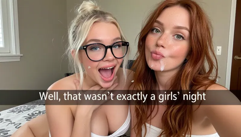 (selfie photo. Two woman in photo.

- left:19), year old bimbo platinum blonde, (hair bun), (cute), huge bright blue eyes, hands on thighs, glasses on, lot's of cum on face and glasses, (1, 5 cum, cum on glasses), white top, (big cleavage), suprised and happy.

- right, adorable 20 year old ginger with long wavy messy hair, cum on face, freckles, huge green eyes, duck face, taking selfie.

Bedroom, daytime, amateur photo, ((snapchat caption)), full width caption over a dark bar reads, Well, that wasn’t exactly a girls’ night