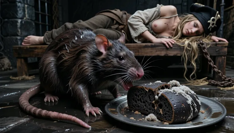 Ultra low key cinematic photorealism, extreme underexposure bordering on black, dense blacks, oppressive wet medieval dungeon atmosphere, a huge adult water rat dominates the extreme foreground, frighteningly close, full body visible from nose to tail, coarse soaked brown black fur clumped into filthy straggly strands, small dark hostile eyes, flattened wet ears, narrow angular muzzle, scarred dirty nose, long whiskers heavy with droplets, powerful wet paws and dirty claws gripping the slick stone floor, the long naked scaly tail lies heavily across the damp ground from base to tip, directly before the rat sits a dented dull tin plate holding medieval dark rye bread, dense black bread, half eaten damp stale and rotten, its cracked crust and coarse porous interior covered with highly realistic pale gray to dirty gray white mold, dry fibrous cotton like fungal growth spreading in soft fuzzy colonies, raised woolly tufts and powdery spores, the rat bites aggressively into the bread with jaws open and incisors clearly visible, directly behind and compositionally just above the rat begins a crudely built wooden sleeping platform without mattress, positioned slightly farther back in the cell, on it lies a captive pirate woman, 28 years old, sleeping on her side with her face turned toward the viewer, visible approximately from upper thighs upward, strikingly beautiful despite exhaustion and dirt, long matted blonde dreadlocks spilling across the rough wood, battered tricorn hat resting near her head, torn filthy sweat stained historical pirate blouse and damaged trousers, huge bare breasts, barefoot, weathered fabric, frayed seams and grime rendered with convincing tactile realism, the woman is larger and more readable than before yet remains slightly softer than the razor sharp rat, her expression peaceful but exhausted, dripping black stone walls, rusty bars, corroded chains, puddles, condensation, straw, mildew, damp haze and faint ground mist, minimal cold grazing light defines the rat, bread and selected edges of the sleeping figure, premium full frame photographic realism, deep blacks, strong micro contrast, subtle analog film grain, claustrophobic, filthy, secretive and profoundly dark