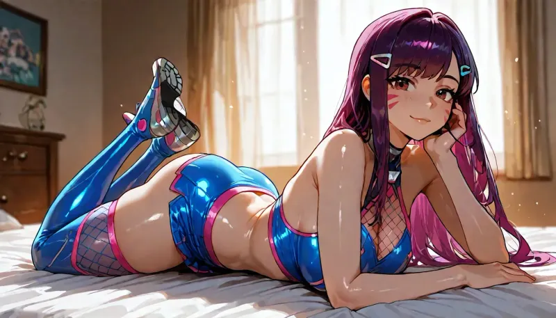 d.va from overwatch, mature 30 year old, pose is prone flat laying on her stomach, long thick fuck me boots, (((perfect face with symmetrical eyes))), athletic fit toned body laying down on neon bed, sultry joyful action, sultry smile, blue tight halter top, with tight white extremely short miniskirt, long fishnet stockings, backlight., Long flowing purple hair with hair clips, (High, Resolution), (More, Details), (8K), volumetric lighting, (room is neon cute), <lora:MJ52:1>, <lora:outline_xl_kohaku_delta_spv5x:.8>, <lora:attractive_notrigger:1.1>, <lora:detailed_notrigger:1.8>, <lora:LCMTurboMix_Euler_A_fix:.9>