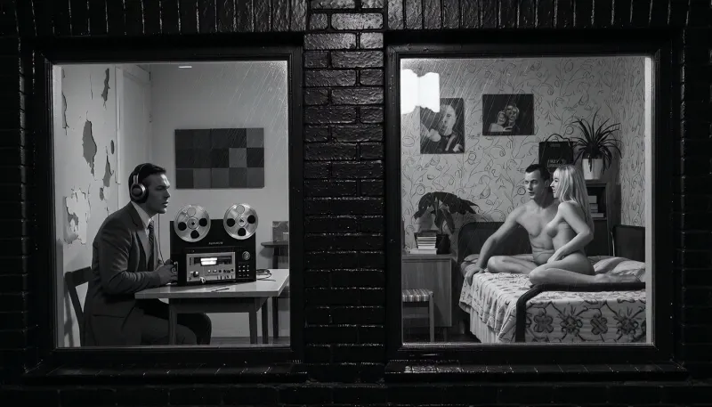 Late 1970s German Democratic Republic, historically accurate monochrome documentary night photography, museum-quality archival realism in dramatic East German social documentary style, an ultra-photorealistic black-and-white image with exceptional greyscale tonal range, deep blacks, luminous highlights, rich analog film grain, subtle grain, view from outside on a rainy night, a dark wet brick facade with glistening reflections, two windows close together. Each filling enough of the frame so that face and subtle expressions are readable. Left window, a peeling, sparsely furnished room with worn walls, acoustic panels implied, a man in DDR suit sits at a simple table with a professional black reel-to-reel tape recorder with two prominent aluminum reels, illuminated VU meters, toggle switches, analog controls, and visible electronics, wearing large over-ear headphones, he hears music, posture tense and focused, face showing subtle Concentration, brows drawn, jaw set, right window a modest DDR bedroom with simple bed thin blankets, practical furniture, bedroom with patterned wallpaper, decorative accessories, family photographs, books, a healthy potted plant, muted fabrics, an detailed adult nude couple has sex on the bed, Faces and bodies visible and highly detailed rendering, joyful sex from behind, German man, 42 years old, and his beautiful blonde wife, 35 years old, Rain-slick window glass with faint interior reflections, high resolution faces and textures despite the low light, respectful, tense atmosphere, no modern objects.