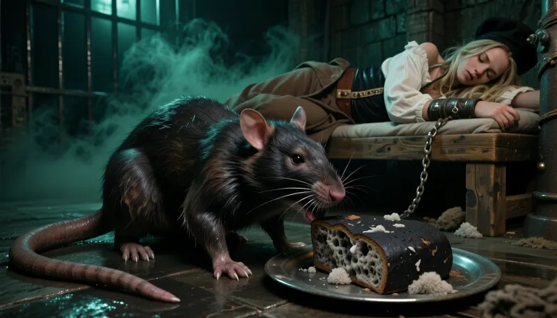 Fantasy setting, cgi render with imperfections, saturated in ultra dark green tones, the entire scene swallowed by deepest darkness and underexposed by 3 stops, filled with thick swirling dark green steam and dust, no ray of light penetrating the suffocating haze, extreme low key cinematic photorealism, dense blacks, crushed shadows, oppressive wet medieval dungeon atmosphere, a huge adult water rat dominates the extreme foreground inside a prison cell, frighteningly close, full body visible from nose to tail, body low and tense, coarse soaked brown black fur clumped into filthy straggly strands, small dark hostile eyes, flattened wet ears, narrow angular muzzle, scarred dirty nose, long whiskers heavy with droplets, powerful wet paws and dirty claws gripping the slick stone floor, the long naked scaly tail lies heavily across the damp ground from base to tip, every ring wrinkle pore scar and sparse hair rendered with extreme precision, directly before the rat sits a dented dull tin plate holding medieval dark rye bread, dense black bread, half eaten, damp stale and rotten, its cracked crust and coarse porous interior covered with pale gray to dirty gray white mold, dry fibrous cotton like fungal growth in soft fuzzy colonies, raised woolly tufts, powdery spores and delicate airy edges, the rat bites aggressively into the bread, sharp incisors visible, captured mid bite, behind and just above the rat begins a crudely built rough wooden sleeping platform without mattress, on it lies a captive pirate woman, 28 years old, sleeping naturally on her side, her head rests cozy on her arms, visible from upper thighs upward, face turned toward the viewer, strikingly beautiful despite exhaustion dirt and confinement, long tangled dirty blonde hair mixed with loose dreadlocks spilling across the rough timber, wearing authentic weathered pirate clothing, a battered black tricorn hat, torn filthy off white loose linen pirate blouse with a traditional laced neckline, visible big breasts and long nipples, worn dark leather waistcoat, broad weathered sash and high waisted torn brown trousers, fabrics frayed sweat stained muddy and aged, her nearest wrist locked in a thick hand forged iron shackle with visible rivets and rough oxidized surface, a short heavy rusty chain running clearly from the cuff to an iron ring bolted into the wooden bunk, her other arm resting naturally near her head, no twisted torso or awkward limb positioning, the woman relatively large yet still softer than the razor sharp foreground rat, dripping black stone walls, rusty bars, corroded chains, puddles, condensation, rotting straw, mildew, wet masonry, dense green smoke and ground mist, only minimal cold grazing definition on the rat, plate and moldy black bread, premium full frame photographic realism, strong micro contrast, tactile dirt moisture rust and fungal texture, subtle analog film grain, claustrophobic filthy secretive and profoundly dark