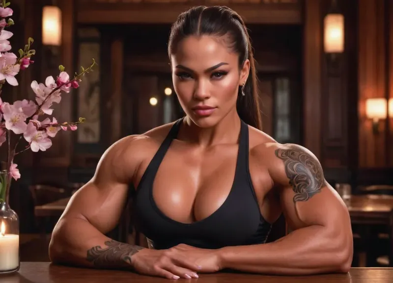 A powerful woman with refined Asian facial features, high cheekbones, almond-shaped dark eyes, and a massive, hyper-muscular build with broad shoulders and a v-tapered physique as observed from Picture 1, her dark hair pulled back neatly, her arms and shoulders covered in intricate black-and-grey tattoos of dragons and cherry blossoms, sits across from a young man with short ash-blonde hair, pale skin, and a slender frame as observed from Picture 2. The woman is dressed in a simple black top, her massive, defined musculature contrasting with her composed, regal posture, one hand rested gracefully near her chin, her expression one of intense, scrutinized interest as she holds his gaze. The skinny man sits opposite her, relaxed and smiling with genuine warmth, his posture open and unafraid, his clear eyes meeting hers with calm sincerity.

The restaurant setting is intimate and dimly lit, with a single candle on the table providing a warm, flickering glow that highlights the woman's defined muscles and the intricate details of her tattoos. Background elements include the soft, blurred silhouettes of a high-end restaurant interior, with rich wood panelling and distant ambient lighting creating a sophisticated, quiet atmosphere. The scene is captured in a cinematic, photorealistic style, with perfect contrast and deep shadows that emphasize the physical difference between the massive woman and the slender man.

Photorealistic drawing, 32K resolution, intricate details, supreme render, octane-engine, ambient occlusion, detailed skin texture, cinematic lighting, focused composition, perfect contrast, complex render, realistic proportions., hyper muscular shoulder, Bodacious, Buff, Babe, Bro, <lora:bodybuilder:2>, <lora:Bodacious_Buff_Bodiez:2>