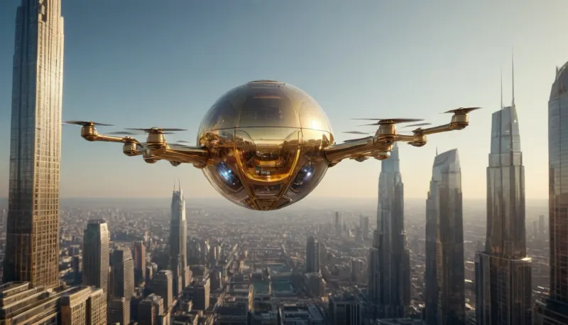 photorealistic image, fullcolor image, full body view, 8K quality, the world of future, highly developed alternative technologies, futuristic siti, crystal energy-based technologies, fantastic flying machines, high-rise buildings made of gold and crystal glas