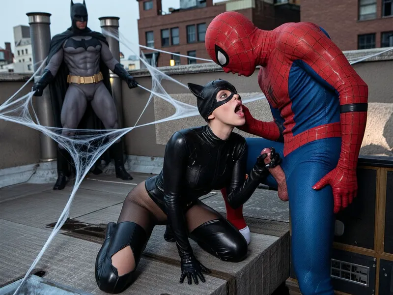 sur un grand toit de gotham city, catwoman est à genoux en tenue spandex noire déchirée à l'entrejambe elle porte son masque, son vagin est trempé elle a un orgasme, spiderman a la bouche fermée il est debout devant elle il approche sa bite sortie de son costume ultra moulant sans un seul pli à la main du visage de catwoman ce qui fait éjaculer sa bite sur le masque de catwoman massivement, en arrière plan loin de la scène batman est solidement attaché il a les bras empêtrés au niveau des poignets dans une toile d'araignée géante tendue entre deux conduits d'aération et il est obligé de regarder la scène, il enrage, costumes ultra réalistes et près du corps lumières et couleurs légèrement saturées, (prise de vue par caméra i max et éclairage de plateau de cinéma)