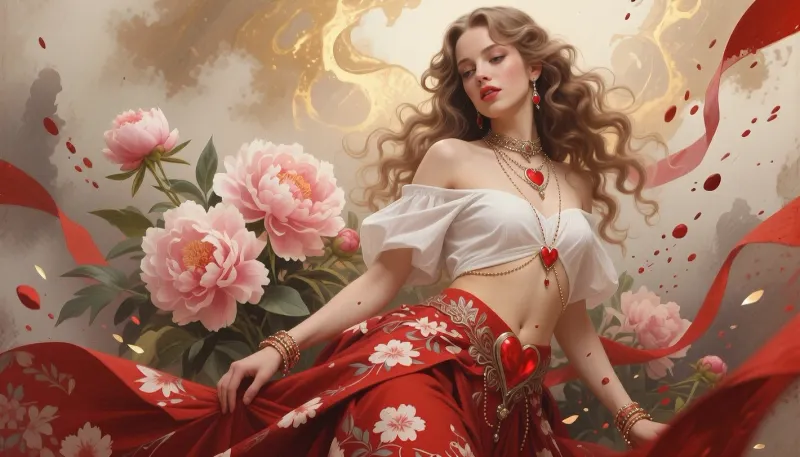 (Dark Fantasy Artwork), artistic, low angle, artistic painting in a watercolor and oil on parchment, belle Caucasian female with long flowing curly hair, white off the shoulder top, flowing red floral patterned skirt, seductive gaze, red lips, delicate earrings, multiple necklaces and bracelets, red heart shape, dynamic effect through paint splashes and streaks, a cluster of large soft pink peonies with green foliage, warm colors, painterly texture, fantasy, natural beauty, gleaming ghostly gold, epically atmospheric fog, red ribbons