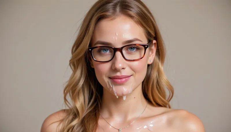 Photorealistic photo of adult nude woman with cum all over her body, 28–32, exactly 150 cm / 4’11”, exceptionally petite. Character identity and facial consistency are absolute priority. Very fair warm-neutral skin with peach/rosy undertones, natural pores and subtle tonal variation. Compact softly oval face tapering toward a small rounded chin, delicate curved jawline, moderately full cheeks, subtle cheekbones, natural facial asymmetry. Cum all over her face.

Medium almond-shaped blue-grey/grey-hazel eyes, natural spacing, softly defined eyelids. Fine warm-brown eyebrows, moderately thin with a restrained arch. Narrow delicate nose of moderate length, straight slender bridge, small nostrils, softly rounded tip. Medium-full rose-pink lips, slimmer upper lip, distinctly fuller lower lip, soft Cupid’s bow and slightly raised corners. Characteristic restrained, knowing closed-mouth smile, no teeth.

Distinctive slim dark burgundy-brown/tortoiseshell glasses, small-medium rectangular lenses with rounded corners, thin bridge, transparent lenses, eyes fully visible.

Long warm honey/strawberry-blonde hair with beige-gold and subtle copper tones, slightly darker roots, silky fine strands. Full layered side-swept bangs covering much of the forehead, wispy face-framing strands. Hair gathered into a loose low side ponytail falling over her left shoulder, (viewer-right), with large soft S-waves and curled ends. Small stud earrings and delicate silver necklace with tiny pendant.

Exceptionally petite skeletal frame, narrow shoulders, small ribcage and short compact torso. Extremely large natural breasts relative to her tiny 150 cm frame, visually approaching the size of her head in overall apparent volume, with substantial forward projection and lower fullness, naturally firm yet realistically heavy, soft-tissue weight and gravity. Natural shape, never spherical or implant-like. Defined waist, rounded hips, thick soft thighs, curvy feminine physique while retaining a clearly tiny underlying frame.

Preserve exactly, facial geometry, eye shape/spacing, nose, lips, jaw, chin, closed-mouth expression, glasses, hairstyle, hair color, apparent age, petite 150 cm stature and dramatically bust-heavy proportions. Do not beautify or redesign her. No generic AI-model face.

Nude nude nude nude nude, Cumming, orgasm, cum all over her body, cumshower