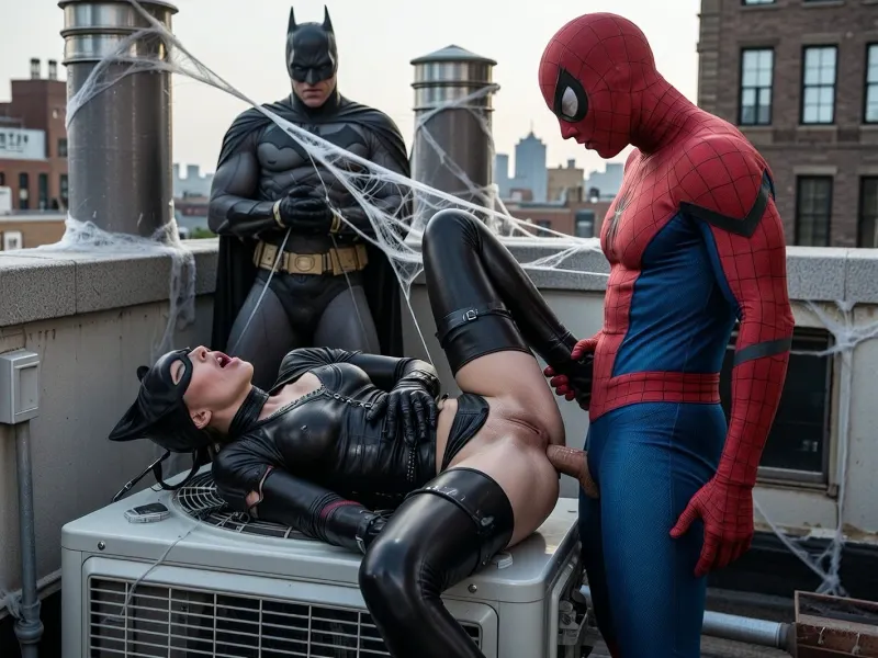sur un grand toit de gotham city, catwoman est allongée sur le dos sur un bloc de climatisation en tenue spandex noire déchirée à l'entrejambe elle porte son masque, son vagin est trempé elle a un orgasme, spiderman a la bouche fermée il est debout entre ses jambes sa bite est sortie de son costume ultra moulant sans un seul pli il baise catwoman profondément, en arrière plan loin de la scène batman est solidement attaché il a les bras empêtrés et les mains liées au niveau des poignets par une toile d'araignée géante tendue entre deux conduits d'aération et il est obligé de regarder la scène, il enrage, costumes ultra réalistes et près du corps lumières et couleurs légèrement saturées, (prise de vue par caméra i max et éclairage de plateau de cinéma)