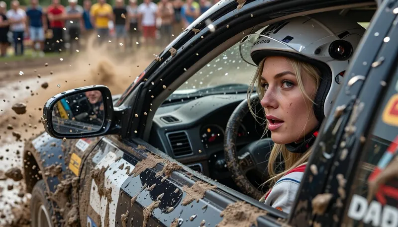 ultra-detailed rally scene, camera mounted just outside the driver's side window, fender height, capturing a three-quarter view of the car sliding through a muddy corner. Inside, a confident woman driver mid-drift, head turned slightly, eyes locked on the side mirror. Face sharply in focus with micro skin texture and subtle grit, helmet on with strands of blonde hair escaping, mud and water spraying in arcs, dramatic contrast, high saturation, crisp textures on metal, rubber and flying dirt, airborne dust catching light. Background crowd slightly motion blurred, energy and speed palpable. Premium photorealism, strong facial clarity, tactile detail throughout.