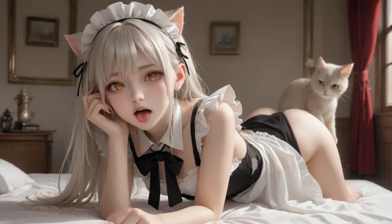 front-left view of a tall 12-year-old catgirl, she stands on the bed on all fours and stretches like a real cat cutely sticking out her tongue a little, small fangs like those of a cat are visible in the wide open mouth, preparing for penetration in the throat, ultra-wide open mouth, transparent lubricates gel leaking from tongue, white hair, orange eyes, luminous eyes, cross-shaped pupils, she is very hot, athletic build, slim waist, small boobs, diaona, girl, dress, cat, ears, eyes, heart-shaped, pupils, maid, headdress, hair, bow, <lora:xl_diaona cat girl-000014:.5>, <lora:Nyarutoru_xl:.5>