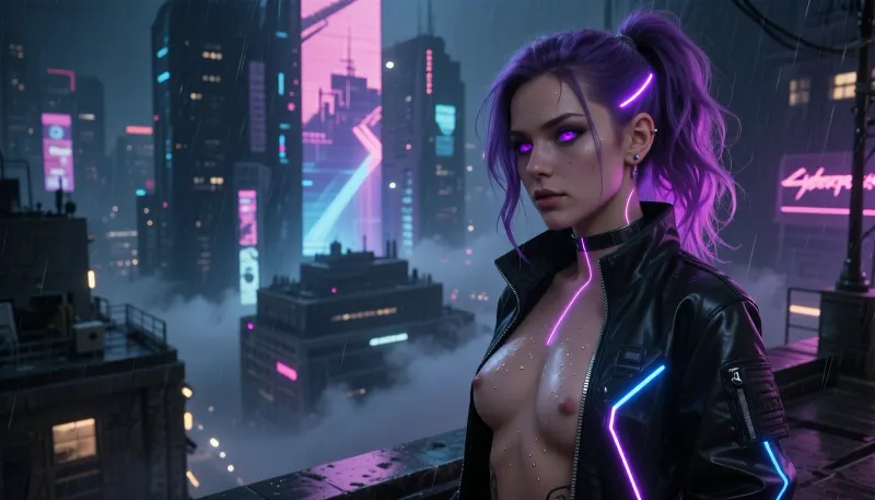 A masterpiece, top-notch quality, ultra-detailed rendering, cinematic lighting, sharp focus, Night City, cyberpunk, a beautiful young punk woman standing on a city street at night, with a serious and calm expression on her face, her purple punk hair pulled back into a small ponytail, her bright purple cybernetic eyes shining, a thin, glowing purple line from a neural implant on the side of her head near her ear, piercings, she’s wearing a black cyberpunk tactical jacket with a zipper zipped down, glowing neon stripes—blue and purple—fog hovers between the buildings, looming, gloomy megastructures, holographic billboards, and neon signs in shades of pink, blue, and purple, a dark, cinematic atmosphere with high contrast
Ultra-high quality, 4k brilliant picture, Ultra-detailed, hyper realistic, best quality, ((ultra wide angle, bird view)), in style of the game „cyberpunk 2077“, (female hacker in right part of the picture), purple colored hair, long messy wavy hairstyle, neon pink parts, partially nude, standing on the roof, holographic „hacking“ lines, in background, {big city, cybercity, giant holographic ads, ambient neon lights, } rainy night, dark ambiente, (bokeh), Womans body slightly wet from rain, water droplets beading down her chest