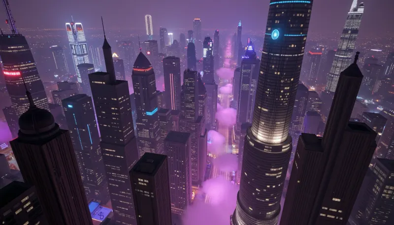 masterpiece, top quality, (raw photo:1.2), breathtaking cyberpunk epic wide-angle establishing shot, an immense hyper-detailed dystopian metropolis at midnight. Towering vertical city canyon with infinite depth and scale. Colossal megastructures pierce dense glowing neon smog, endless layers of stacked