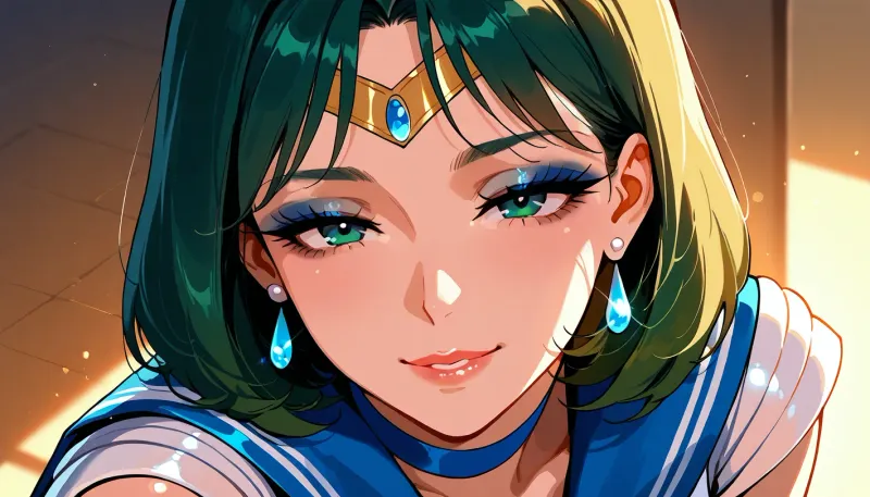 sailor mercury as milf, skinny tiny face, much warm bright light, smokey eyeshadow, flashphoto, highest quality, super detailed images, high resolution