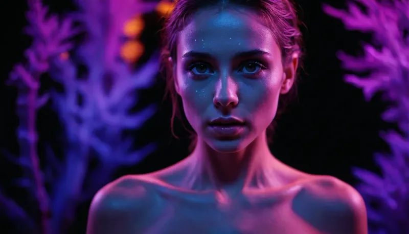 A forbidden-looking photograph of a beautiful naked female with perfect face and body in a ultraviolet blacklight, absolute darkness Photograph with macro-level optical precision, razor-sharp material detail where the focus lands, gradual cinematic focus falloff, realistic lens imperfections, microscopic texture, natural bokeh, subtle halation, restrained bloom, realistic sensor characteristics, delicate film grain, spectacular dynamic range, and physically believable exposure.
The result should resemble a once-in-a-lifetime scientific photograph discovered in an underground UV laboratory, simultaneously beautiful, eerie, mysterious, biological, cosmic, and completely real.

BLACKLIGHT + FLUORESCENCE + FINE-ART PHOTOGRAPHY + PHYSICAL LIGHT REALISM + MICROSCOPIC DETAIL + ABSOLUTE DARKNESS + SPECTRAL COLOR EMISSION.