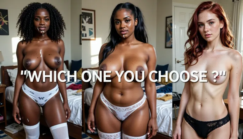Ultra realism, 8k UHD, ultra detailed, cold natural lighting, sunlight illuminating a messy university student bedroom, perfect shadows. Picture divided in three parts. On the left side of the picture, Cute, shy, timid, goofy, wife, standing up, (nigerian, ulatra black skin woman, 25yo, makeup, shot of white cum on her face, spots, skin imperfections, afro brunette hair, long fluffy hair, square jaw, very clear green eyes, pointed nose, natural sagging big breast, average waist, very wide hips, chubby thighs, chubby belly), she's wearing white printed panties, topless, white textured high socks, full body shot. On the right side of the picture, (nordic, pale white skin woman, 25yo, no makeup, freckles on her face, subtile skin imperfections, weavy redhead, high cheekbones, big clear brown eyes, long nose, natural small breast, slim waist, slim hips, slim thighs, flat belly), she's wearing a black lace panties, full body shot. On the center of the picture, (latina, dark skin skin woman, 25yo, no makeup, freckles on her face, subtile skin imperfections, long dark hair, mid long hair in a ponytail, high cheekbones, big clear blue eyes, natural big breast, slim waist, whide hips, slim thighs, flat belly), she's wearing white lace panties, full body shot . "WHICH ONE YOU CHOOSE ?" Medium text on the center of the picture.