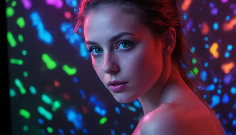Create an extraordinary fine-art photograph of a beautiful naked female captured entirely under ultraviolet blacklight, with authentic fluorescence physics and extremely realistic photographic behavior of her whole naked body.

Make the fluorescence the true subject of the photograph.
Use physically believable fluorescence, intense electric violet, ultraviolet blue, cyan, turquoise, emerald green, radioactive-looking yellow-green, hot magenta, coral, orange, and spectral red emissions appearing only where materials genuinely fluoresce. Some materials should glow intensely while others remain almost completely black, creating dramatic contrast and revealing hidden patterns invisible under normal lighting.


The blacklight itself must remain mostly invisible, producing an eerie ultraviolet environment rather than ordinary colored stage lighting. Avoid generic neon lighting. Avoid artificial RGB illumination. The visible colors must appear as emitted fluorescence, not painted-on neon.

Capture the image as if photographed with an elite full-frame professional camera using a high-end macro/portrait lens, exceptional optical quality, realistic depth of field, precise focus falloff, physically accurate lens behavior, subtle chromatic aberration, natural diffraction, realistic bokeh, microscopic surface detail, nuanced exposure roll-off, rich shadow information, and extraordinary dynamic range.

Preserve deep, almost absolute blacks while retaining intricate information inside the darkest regions. Fluorescent highlights should bloom organically without destroying their texture. Introduce subtle halation around the brightest fluorescent areas, delicate lens glow, realistic sensor response, slight photon noise, extremely fine film grain, and authentic long-exposure photographic character.

The composition should feel mysterious, scientific, alien, surreal, and beautiful at the same time, as though a hidden fluorescent ecosystem has suddenly been revealed inside an ordinary world.
Emphasize, ultraviolet fluorescence, spectral emission, blacklight photography, photochemical realism, luminescent textures, microscopic detail, darkness versus radiant color, subtle reflected fluorescence, translucency, material-specific glow, organic imperfections, high contrast, deep shadows, spectacular color separation, dimensional lighting, atmos