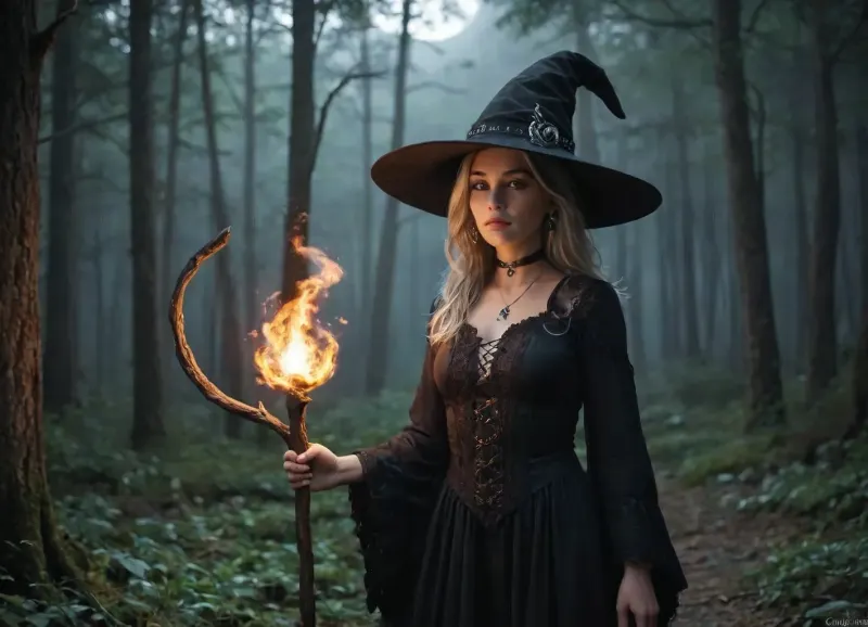 A highly realistic and detailed digital painting of a beautiful witch in a black leather dress with intricate lace-up details. She wears a large, bent witch's hat with a silver buckle. Her piercing eyes and long, wavy silver hair give her an enchanting look. She holds a mystical staff with a twisted wooden design and a glowing star-shaped ornament at the top. Her accessories include a black choker with a crescent moon pendant and matching star-shaped earrings. The background is a dark, foggy forest with eerie, twisted tree branches, creating a magical and mysterious atmosphere. Ultra-detailed, cinematic lighting, dark fantasy style, bright, blue, <lora:bright_blue_eyes:.8>, Rainbowiridal, Spiral, rainbowiridal, eyes, palette, Shiny..., Bright..., Intense, gaze, Fire, dragon, Amber, cat, Anthro..., woman, Genetically, modified..., <lora:Stunning_eyes_2:.8>