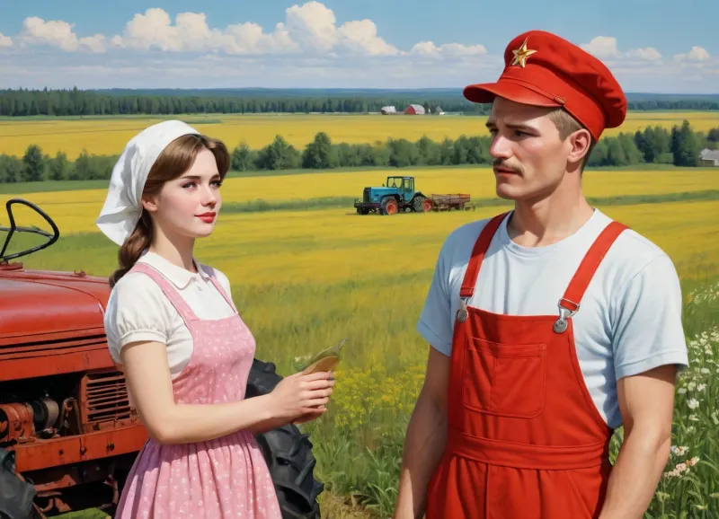 ((soviet propaganda poster style, bright solid colors, minimal detail, no color gradient, old anime style, low details)), in kolkhoz fields, in front of old tractor, hard body russian village girl, about 20 year old, short flower print sundress, white kerchief on head, talking to man who wears peaked cap and overalls