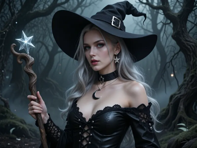A highly realistic and detailed digital painting of a beautiful witch in a black leather dress with intricate lace-up details. She wears a large, bent witch's hat with a silver buckle. Her piercing eyes and long, wavy silver hair give her an enchanting look. She holds a mystical staff with a twisted wooden design and a glowing star-shaped ornament at the top. Her accessories include a black choker with a crescent moon pendant and matching star-shaped earrings. The background is a dark, foggy forest with eerie, twisted tree branches, creating a magical and mysterious atmosphere. Ultra-detailed, cinematic lighting, dark fantasy style