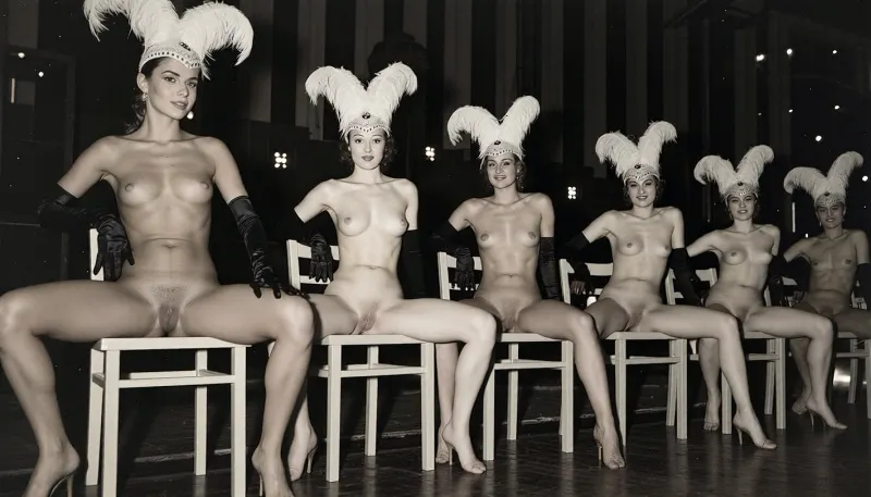 A line of seven nude showgirls in high heels, with feathered headdresses and black elbow-length gloves, striking a pose. The first showgirl on the left is closer to the camera and larger. The other showgirls are progressively smaller and further away, forming a diagonal line across the frame. They all have a similar pose, sitting on a light wooden chair with their hands resting on the top rail of the chair back. open their legs wide, presenting their vaginas. The background is dark and indistinct, with some faint lights suggesting a stage or performance venue. The overall image has a vintage, black and white aesthetic. early 20th century aesthetic, shy smile