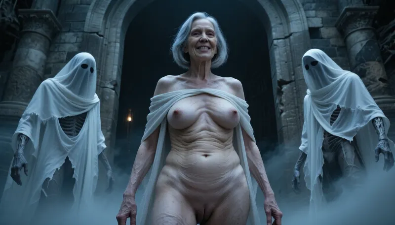 (an aged fat woman, 70 years old:1.8), . Her skin a 70-year-old woman. The old lady has grey hair, (very Small, long, and very saggy breasts:2.8), ((very detailed skin)), . Hair cut in a bob. Wrinkled granny, pale skin smooth in places but extremely wrinkled in others, 100 yo. Extremely wrinkled and bony body, Saggy breasts, swollen nipples. Saggy pussy. Beautiful and happy face. Low camera angle looking up at her open pussy., (masterpiece, top quality, best quality:1.2), three eerie ghostly figures, spectral beings draped in tattered flowing white veils, shrouded entities, faceless, dark and haunting atmosphere, emerging from a monumental stone doorway, gloomy shadows, cold blue and desaturated grey tones, misty environment, ethereal, cinematic lighting, volumetric fog, ominous, gothic horror aesthetic, hyper-realistic textures, intricate fabric folds, dark fantasy art style, mysterious and chilling, sharp focus, 8k resolution.