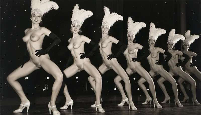 A line of seven nude showgirls in high heels, with feathered headdresses and black elbow-length gloves, striking a pose. The first showgirl on the left is closer to the camera and larger. The other showgirls are progressively smaller and further away, forming a diagonal line across the frame. They all have a similar pose, with wide-legged stance, lower body thrust forward, hands on hips. The background is dark and indistinct, with some faint lights suggesting a stage or performance venue. The overall image has a vintage, black and white aesthetic. early 20th century aesthetic, shy smile