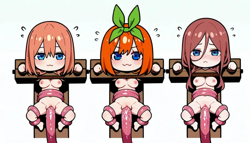 Cute, tied on pillory, nude, tentacles, pink tentacles, 3 girls, lies on back, Nino Nakano, Miku Nakano, Yotsuba Nakano, chibi style, tied tentacles, above view, vaginal tentacles, tied arms, tied legs, diffrrent emotions, white background