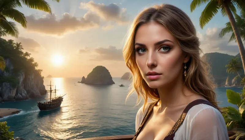 (upper body silhouette of sexy busty pirate captain:1.4), (pirate ship, sailing past a beautiful tropical island:1.4), (masterpiece, ultra realistic, realistic, photorealistic, photo realistic, photorealism, photo realism, lifelike, convincing realism:1.4), (maximum quality, ultra-detailed, insanely detailed, highly detailed, high quality, uncompressed, raw source photograph, raw image), (extremely intricate and detailed, highly detailed eyes, high resolution eyes, high quality eyes, highly detailed hair), (HDR lighting, sunset, intense sunlight, rule of thirds:1.3), (double, exposure, double exposure:1.4), (FaeTastic), <lora:SDXLFaeTastic2400:.9>