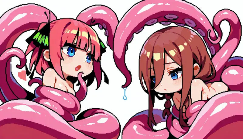 Cute, pixel art, 16 bit art, nude, tentacle around, pink tentacles, 2 girls, Nino Nakano, Miku Nakano, chibi style, white background, big heads, vagunal tentacles