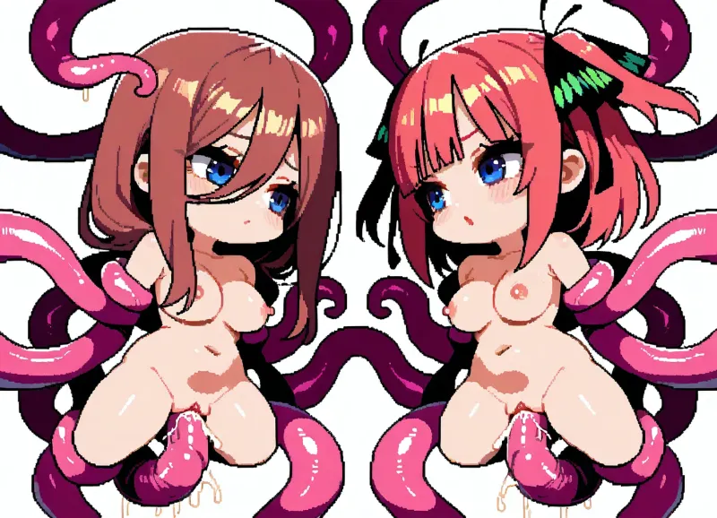 Cute, pixel art, 16 bit art, nude, tentacle around, pink tentacles, 2 girls, Nino Nakano, Miku Nakano, chibi style, white background, big heads, vaginal tentacles, stock arms