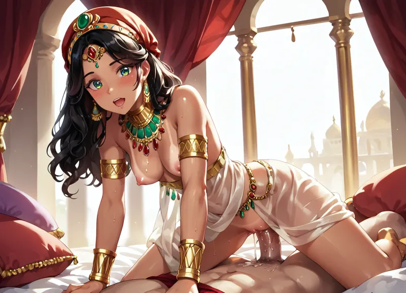 source_anime, flat 2d, hentai style, beautiful arabian woman, armlet, Score_9, score_8_up, score_7_up, score_6_up, dynamic pose, concubine, (in arabian palace:1.2), exotic location, firelight, sheer yellow croptop, off the shoulder draped sleeves, plush circular bed, kneeling on top of arabian man, leaning forward, luxurious background, cushions, 1 girl, (cowgirl sex:1.2), cowgirl pov, close angle, arabian male, (arabian penis:1.2), deep vaginal penetration, vaginal sex, middle eastern female, feminine, black hair, tiara, copious gold jewelry, arab woman, light brown skin, tan lines, emerald eyes, wide hips, small waist, slim, flat stomach, braced against arms, dripping wet pussy, eyes, detailed eyes, seductive look, shocked expression, smooth pussy, sexy pose, blush, female focus, perfect face, perfect anatomy, perfect legs, thigh gap, high definition eyes, large breasts, natural breasts, dark puffy nipples, intricate detailing, red headscarf, looking at viewer, perfect hands, detailed hand, smooth, sharp focus, cel-shaded, sharp linework, vivid palette, 4ng3l, face, <lora:SDXL_BetterFaces-LoRA_v1:.8>, <lora:SDXLFaeTastic2400:.5>