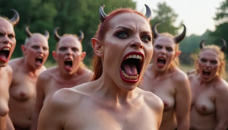 Cinematic photo, golden hour, 35mm, 4k epic detail, A dozen adult six-inch demonic female imps, red skin and naked, small horns, sharp teeth, attack a man's body, sucking, biting, and grabbing at his cock, shot on kodak, 35mm photo, sharp focus, high budget, cinemascope, moody, epic, gorgeous, film grain, grainy, score_9, score_8_up, score_7_up, rating, explicit