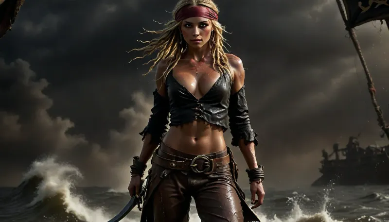 14 century, full body view of a solo beautiful 19 years old flat-chested slender female pirate working on pirate sailing ship, wears highly detailed typical pirate clothing from the 14th century, a headscarf under the pirate hat, open dirty cotton shirt, red vest with embroidery, while also showing her exciting small breasts, (detailed hard nipples:1.3), brown leather belt with a large buckle, knife in the belt, coarse brown rolled-up trousers, bare midriff, brown leather boots, large earrings, full-body tattoos, rough seas with hurricane-force winds, (soaking wet clothes:1.8), (wet skin:1.5), spray from the rough sea hits the side of the ship, pirate sailing ship sails in a storm, black storm clouds, perfect hands, perfect face, perfect teeth, perfect eyes, (blonde dreadlocks in backlight:1.2), smiling with perfect white teeth, ultra realistic skin, masterpiece, best quality, full body view, details, high quality, ((pirate flag:1.4)), (intensively tanned:1.4), thigh gap, small breasts, eyes, perfect, skin, texture, (sinking sailing ship in blurred background:1), photorealistic, novuschroma38, style, <lora:Super_Eye_Detailer_By_Stable_Yogi_SDPD0:.3>, <lora:BUT_SDXL_SHS:.3>, <lora:CBS_novuschroma38 style:.8>, <lora:dark:.1>, uberfit, muscular, athletic, <lora:uberfit_lora_sdxl:.8>