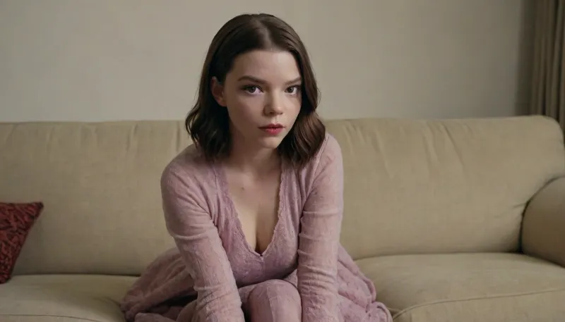 (Anya Taylor-Joy:1.3), sitting on couch and bent over to the viewer, anyataylor-joy101, <lora:Anya_Taylor-Joy_SDXL_101:.8>