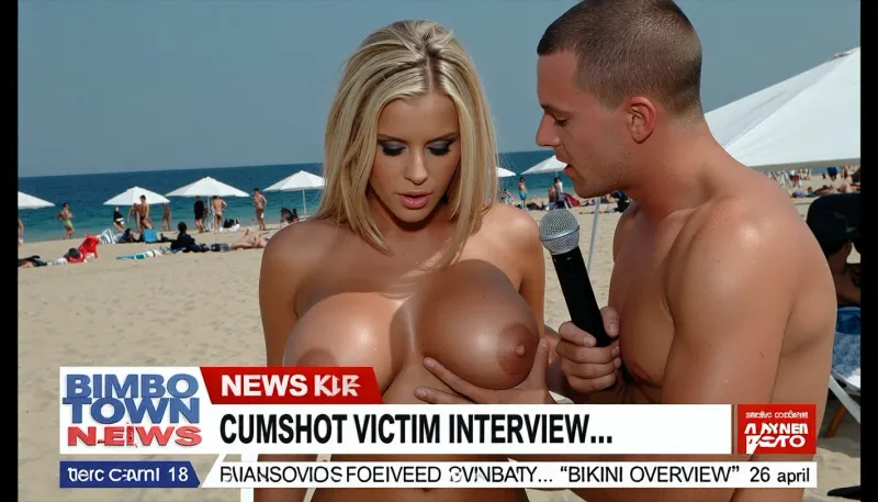 TV screen, news show, sexy girl, blonde sensuous female news anchor на людном нудистском пляже с микрофоном, two, revealing giant naked breasts, мужчина трогает грудь девушки, news ticker, 18 yo., co-anchor, BIMBO TOWN news, "CUMSHOT VICTIM INTERVIEW...", "BIKINI OVERVIEW" "26 april".