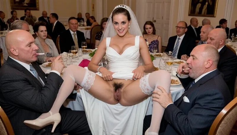 a scene set in USSR, in 1950s, a striking very busty bride in a white dress, ((2 drunk ugly fat old men roughly pawing her labia with their fingers)), 2 drunken ugly fat old men Smoking, her pubic area is densely covered with bushy black pubic hair, she is wearing a white garter belt with white stockings and high heels, lustful mocking smile men's ugly face, on a festive table during the wedding banquet, She lifts the hem of her wedding dress with her hands, hairy pussy, her white stockings are visible, family and parents are watching in their best clothes, a large banquet hall, They celebrate the wedding without noticing the bride, The overall mood is intense, rendered in fine