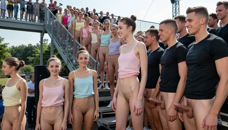 (full body view), (ultrarealistic photography), Nude genitals contest on outdoor stage., (nude french beautiful young girls, innocent face, slender, stunning, realistic detailed faces, proud smile, all girls with perfect shaved vaginas and vilvas, all the girls are wearing short, pastel-colored linen camisole tops, all girls with hair in bun or updo.), (nude young men wearing a black muscleshirt, all men with erect penis, confident smile), many spectators, sunny summer day, (many Girls enter the stage via a wide staircase, the girls wave in greeting), (the men waiting in a row on the stage, looking with interest to the girls)