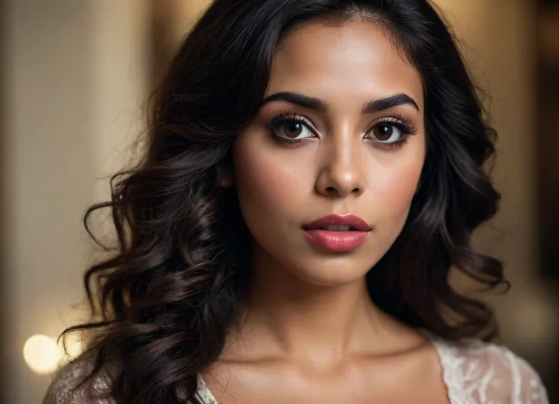 a modern photo of a latin woman, very dark skin, plump lips, shiny lipstick, little nose, big eyes, long wavy hair, black hair, beautiful face, realistic, retro, intricate, masterpiece, sharp focus, dramatic, award winning scene, soft lighting, film grain, high res
