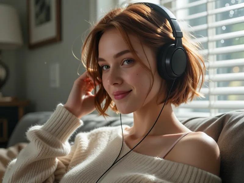 (ethereal aesthetic, surreal lighting:1.2), elegant and affectionate girlfriend, (auburn hair so fine and light it's nearly translucent and floating weightless, hair glow lighting), short hair, loose strands of hair framing face, stray hair glowing in sunlight, relaxed casual pose, reclined sprawl on couch, soft contented smile, focus on blissful and contended face, listening to music, wearing plain black studio headphones, hand raised to tuck hair behind her ear, living room, window, window blinds, (soft full lips, sharp defined jawline, delicate features), (hair glow lighting, hdr lens flare, crepuscular lighting through window, light motes), (tight closeup portrait, face bathed in sunlight:1.4), (layered composition with defined foreground and background, shallow depth of field), (girl-next-door beauty with natural charm), (comfortable casual attire, oversized loose sweater slipping off one shoulder, visible bra strap)