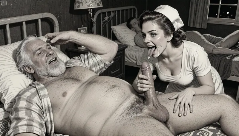 This is a detailed, monochrome pencil drawing in a classic illustration style, depicting a scene in the USSR during the 1950s, In a darkened hospital room at night, an obese, ugly, hairy, and bearded older white man in hospital pajamas lies in bed. A lustful, mocking smile plays across his ugly face, other patients are asleep in the same room. His penis protrudes from his hospital pajamas, and his hairy testicles are visible. A beautiful Russian woman with elegant brown hair and a curvy figure—featuring and wearing a nurse's dress and cap, she stands beside him, her tongue stuck far out, (((her face smeared with semen))), semen in her hair, semen on her clothing, her eyes and mouth are wide open, and her expression is intensely aroused. She holds his penis in her hand, leans down, and performs an intense blowjob, (deep-throating him), while his hand rests on her head. Side lighting creates a moody, sexual atmosphere. The overall mood is intense, the drawing is distinguished by fine, expressive linework and subtle shading reminiscent of the style of satirical or moralizing illustrations from the 1950s.