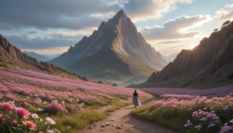 little flower meadow in dark rocky mountains, high contrast between darkness of rocks and bright colored flowers, purple-blue sky