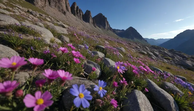 little flower meadow in dark rocky mountains, high contrast between darkness of rocks and bright colored flowers, purple-blue sky