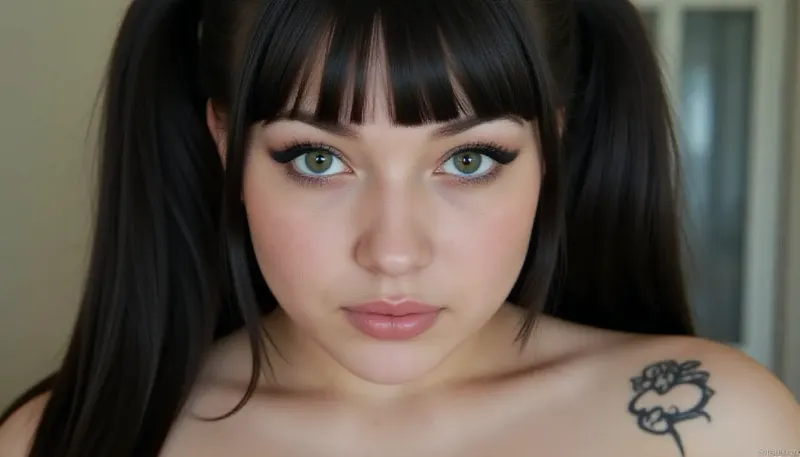 german, young emo girl, 18 years old, chubby, iphone photo of one woman, (((black emo makeup))), (((perfect big green eyes))), (((black hair, long))), ((freckles all over)), ((pale skin)), ((twin tails)), thick body, huge fat tits, extra wide hips, thick thighs, innie vagina, ((sunny day)), visible skin pores, subtle natural highlights on cheekbones, realistic clear sclera, long dark eyelashes, slender nose, soft natural pink lips with fine lip lines, soft bokeh, natural soft studio lighting, sharp focus on face, 8k resolution, nipples, shaved, <lora:NSFW_master:.8>
