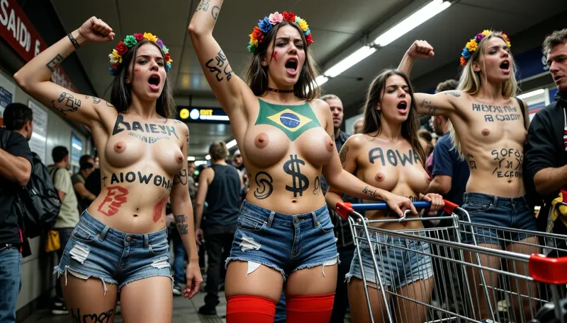 A dynamic, documentary-style photograph capturing a group of female Femen protesters during an animated demonstration inside a busy subway station. The composition features five women in the foreground, topless with bold political body paint and handwritten signs in multiple languages. Their expressions are fierce and vocal, mouths open in chants, conveying urgency and defiance. They wear colorful floral crowns, denim shorts, and one prominent figure wears bright red thigh-high stockings. Body art includes symbols like the Brazilian flag on breasts, a dollar sign, and “GO AWAY” text. One woman pushes a metal shopping cart as a prop. Lighting is harsh, artificial overhead fluorescent typical of transit hubs, casting sharp shadows and highlighting skin tones. The background shows blurred commuters and station signage, (“SAIDA, EXIT”), adding context without distracting. The image has a gritty, high-contrast news photography aesthetic—sharp focus on subjects, shallow depth of field isolating protesters from crowd. Capture the raw energy of activism, raised arms, clenched fists, painted slogans. Emphasize texture—skin, fabric, metal—and movement. Style, realistic, unposed, socially charged street photojournalism with vivid color saturation and emotional intensity. Ideal for generating powerful visual narratives around protest, gender rights, or social justice movements in urban settings.