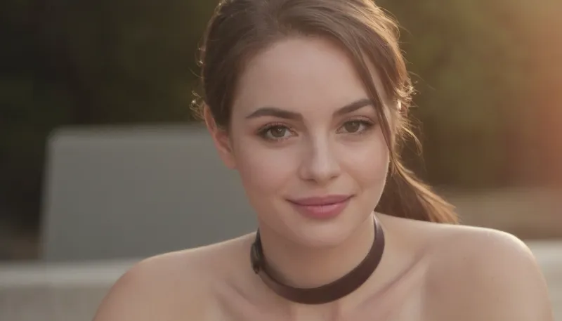 ((adult woman, late 20s to early 30s)), ((soft rounded oval face:1.3)), ((shorter feminine face:1.2)), ((full soft cheeks:1.25)), delicate jawline, small rounded chin, ((dark chocolate brown eyes:1.4)), large almond-round eyes, slightly wide-set eyes, ((NOT hazel, NOT green eyes)), dark brunette hair, ((medium-dark brown hair:1.25)), center part, ((two low ponytails / low pigtails:1.35)), loose thin face-framing strands, slightly messy natural hair, ((natural dark eyebrows:1.15)), softly curved brows, ((small-to-medium straight nose:1.15)), slightly wider natural nose tip, ((broad joyful smile:1.3)), visible natural white teeth, ((medium-full rose-red lips:1.2)), soft cupid’s bow, pale light neutral skin, ((natural realistic skin texture:1.3)), subtle pores, faint under-eye texture, slight natural facial asymmetry, soft cheek blush, minimal makeup, thin eyeliner, light mascara, neutral eyeshadow, muted rose lipstick, ((cute approachable facial proportions)), cheerful candid expression, looking slightly upward toward camera, head subtly tilted, ((black leather choker:1.25)), tiny metallic charm, small gold hoop earrings, ((white low-cut scoop-neck tank top:1.3)), slim feminine build, shoulders forward, seated and leaning slightly toward camera, upper chest visible, ((camera slightly above subject:1.2)), candid outdoor event photo, blurred people in dark clothing behind her, natural daylight, soft diffused lighting, shallow depth of field, ((35mm-50mm candid photography)), natural perspective, sharp eyes and smile, realistic hair strands, ((photorealistic:1.35)), ((high detailed face:1.3)), documentary snapshot aesthetic, imperfect natural beauty, subtle film grain, soft contrast, no glamour photography, no fashion-model face, no long narrow face, no sharp jaw, no exaggerated cheekbones, no hazel eyes, no green eyes, no perfect facial symmetry, no heavy makeup, no airbrushed skin, no CGI, no doll-like features