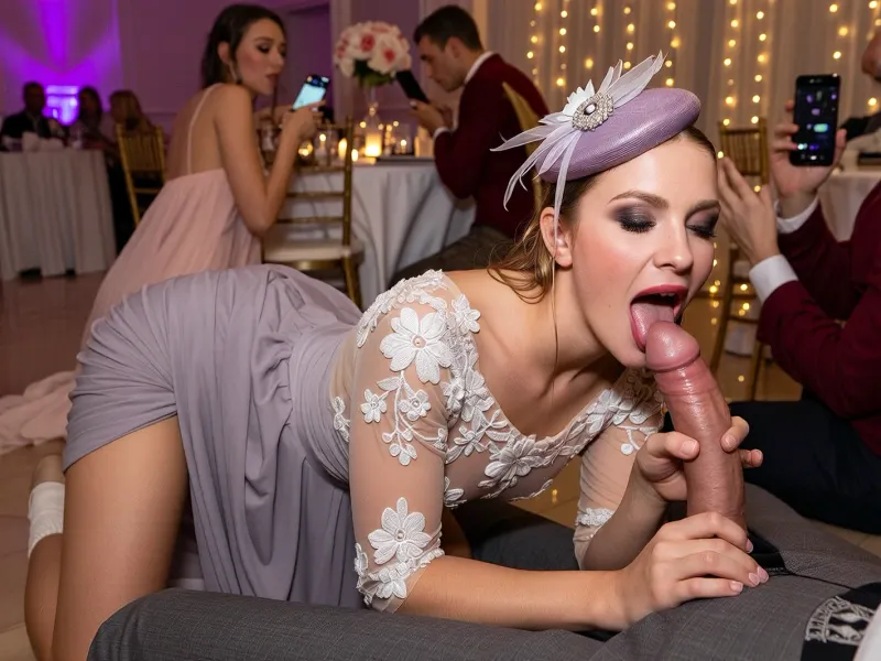 Louise dropped low on her knees across the polished dancefloor of the wedding reception, tailbone grinding into the grain, hips canted back, lower back arched, the lavender-grey column dress hiked and bunched around her waist and upper thighs, the knee-length ruched skirt splayed in a rumpled pool, sheer three-quarter sleeves with dense white 3D floral appliqués riding up her forearms, the boat-neck illusion bodice stretched with white flower embroidery clinging to her chest, the wide-brimmed lavender fascinator with cascading white floral and feather embellishments and a central crystal jewel perched askew and tilted back on her slicked-back wet-look blonde hair, damp curl-matted tendrils fanning across the hardwood, head thrown back fifteen degrees, mouth stretched wide and deep over the thick head of his dick, tongue flattened hard against the underside of the shaft, glossy saliva trailing from the corner of her jaw, eyes squeezed to a half-lidded glazed slit, smudged umber smoky eye and dragged kohl in profile, thick deep-wine glossy balm stretched taut over her overlined lips, one hand raked deep into the blonde curls at her crown, the other wrapped tight around the base of his shaft, long manicured fingers digging into the warm flesh. His left fist gripping her hair at the crown, knuckles white, forcing her head back, his right hand braced on her hip, fingers digging above the ruched waistband, grey wool dress pants spread wide over her, untucked white shirt hem riding up, the whole shaft swallowed to the throat. A full ring of wedding guests frozen mid-motion, a woman in blush tulle with rosé halted at her lips, a man in a burgundy vest, palms flat on his cheeks, two phones aloft with screens glowing, ivory banquet tables and peony centerpieces dissolving into creamy bokeh, fairy lights overhead in a honeyed amber wash, DJ booth bleeding soft violet from the far corner. Low angle at dancefloor level, slightly to her left, full body in the spread of the ruched dress, the man framed mid-thigh down through his gripping hands, shallow depth of field, warm golden key light raking across her arched back and slicked hair, amber specular highlights on the glossy saliva and wine-gloss lips, soft violet-magenta shadows in the periphery, 8k, ultra-detailed pore-level skin, white floral appliqué thread and sheer mesh catching the warm light, fashion-editorial NSFW energy, vibrant warm color grade.