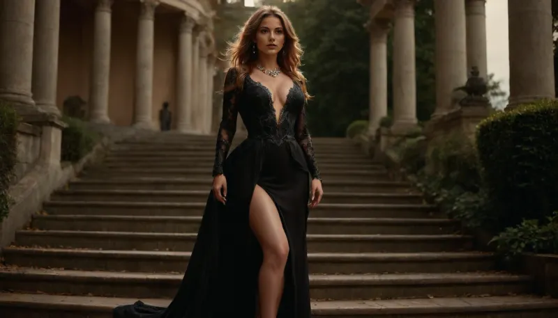 NSFW, sexy pose, wide angle, photorealistic, (she is extremely beautiful:1.33), A glamorous adult woman with long, straight light-brown hair, standing on elegant stone stairs in a luxurious classical garden. high full bust, (size 34D:1.4), She is wearing a sophisticated floor-length lace black evening gown with long sleeves, a deep plunging neckline and dramatic high thigh slits, revealing her legs. The dress has a flowing skirt and a long train cascading down the stairs. She wears a delicate gold necklace with a round pendant. Natural confident pose, one leg slightly forward, looking to the side with a calm, elegant expression. Behind her is a beautiful historic garden with classical stone balustrades, carved columns, manicured green hedges, flower beds and stone staircases. Bright sunny summer day, warm natural sunlight, realistic skin texture, subtle shadows, cinematic fashion photography, luxury editorial aesthetic, shallow depth of field, highly detailed, 85mm lens, full-body composition, high resolution, detailxl, round, breasts, <lora:round_breasts-XL-1.0:1.1>, <lora:RMSDXL_Photo:.8>, drkfntasy, <lora:darkfantasystyle:.8>, <lora:WomanXL_lora32-1:.8>